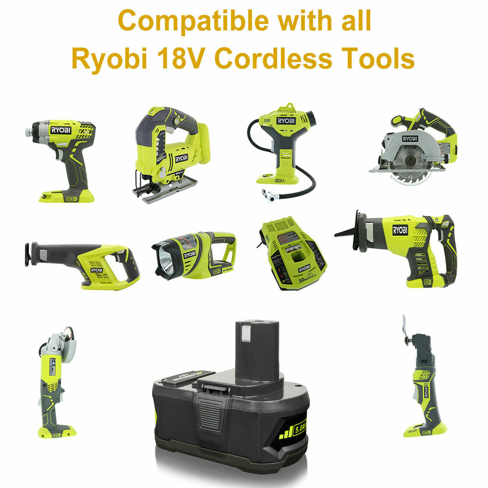 Battery New FOR RYOBI P108 5.0Ah 18V replacement LITHIUM-Ion P197 PBP005