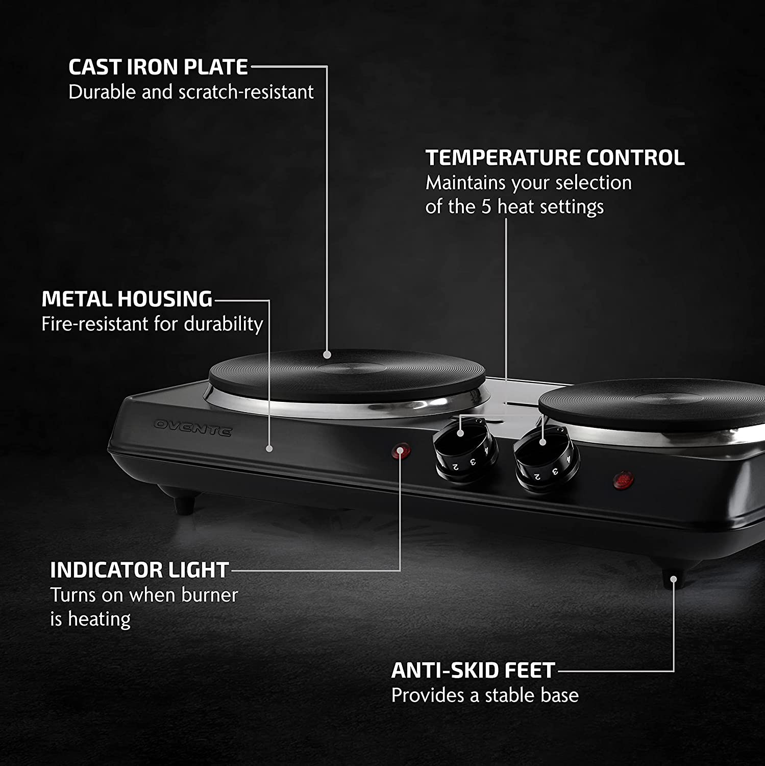 Electric Countertop Double Burner, 1700W Cooktop with 7.25″ and 6.10″ Cast Iron