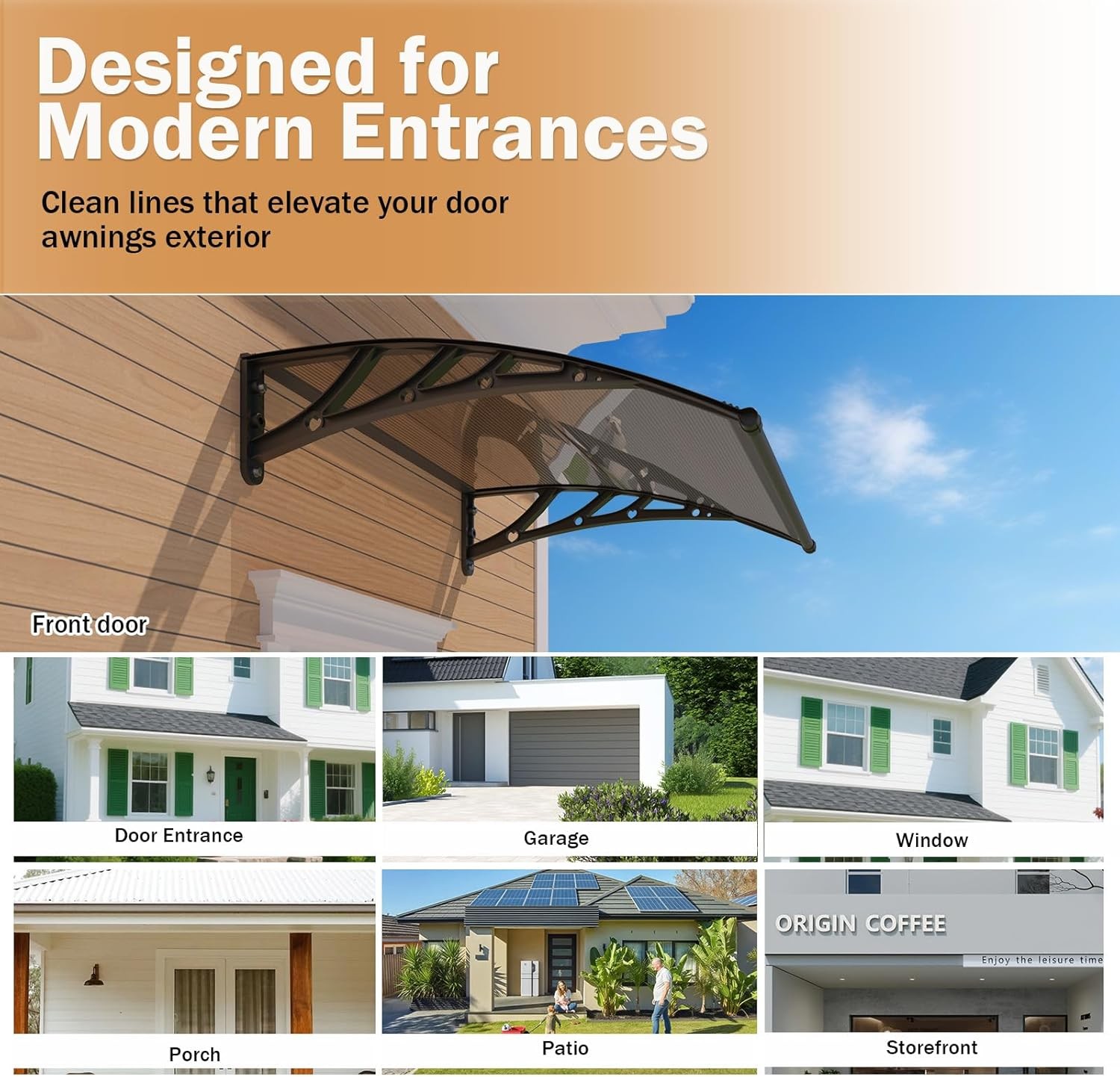 102x41cm Door Awning, Polycarbonate Window Canopy UPF 50+ for Rain Snow Sun