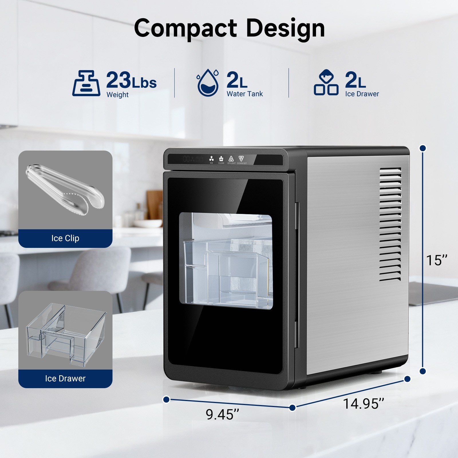 Countertop Ice Maker Clear 3 Cubes Portable 22lbs/Day Self Cleaning, 1.6″ Square