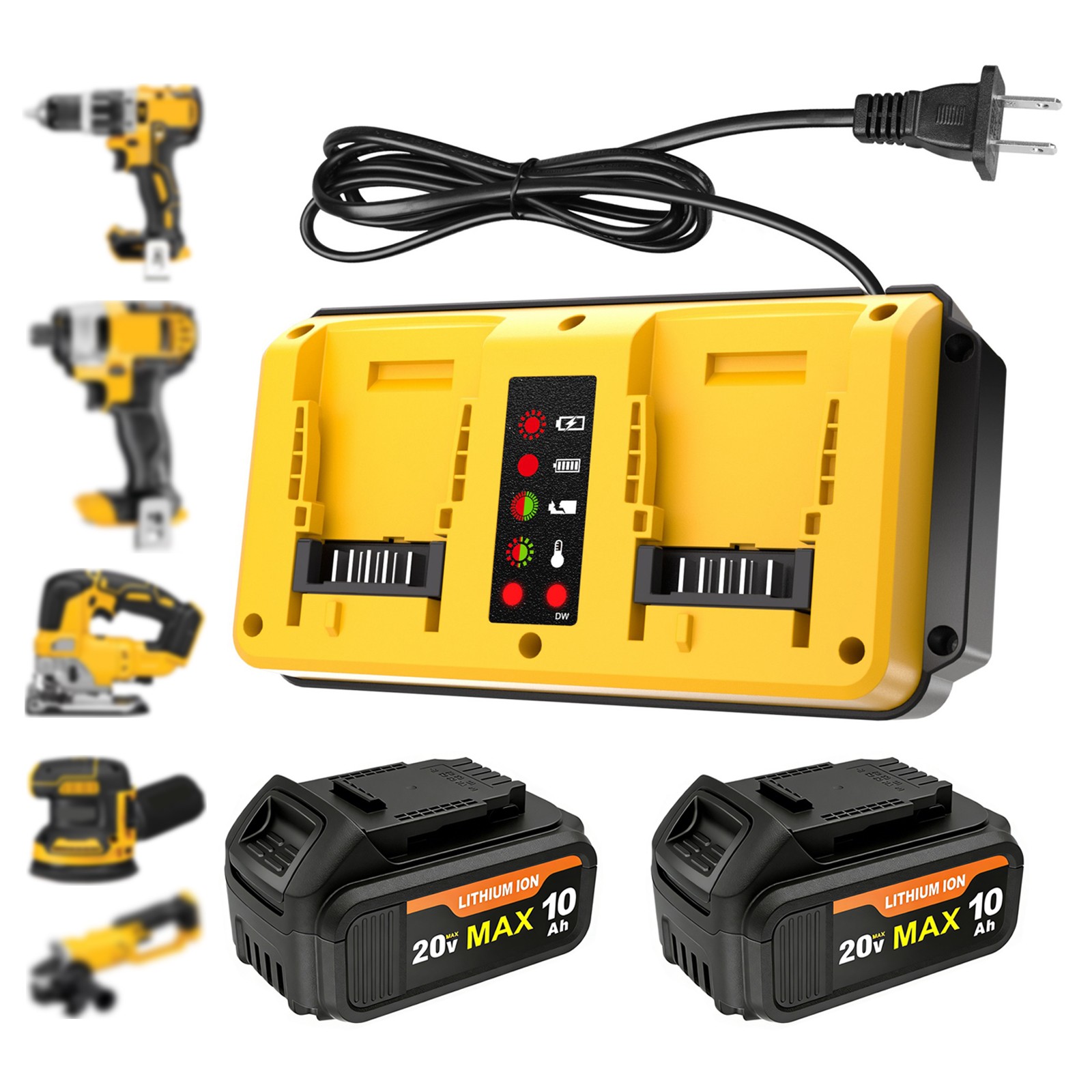 2 Pack 20V 10.0Ah Battery + Dual Charger Kit for De walt 20 Volt MAX Batteries