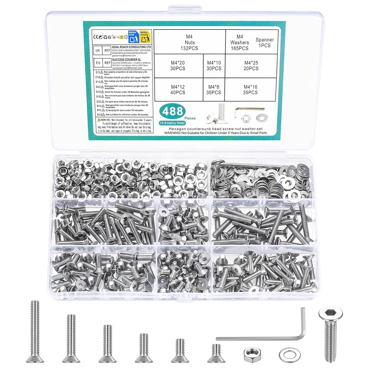 M3M4M5M6M8 Hex Socket Head Countersunk Screws Bolts Nuts Washers Assortment Kit