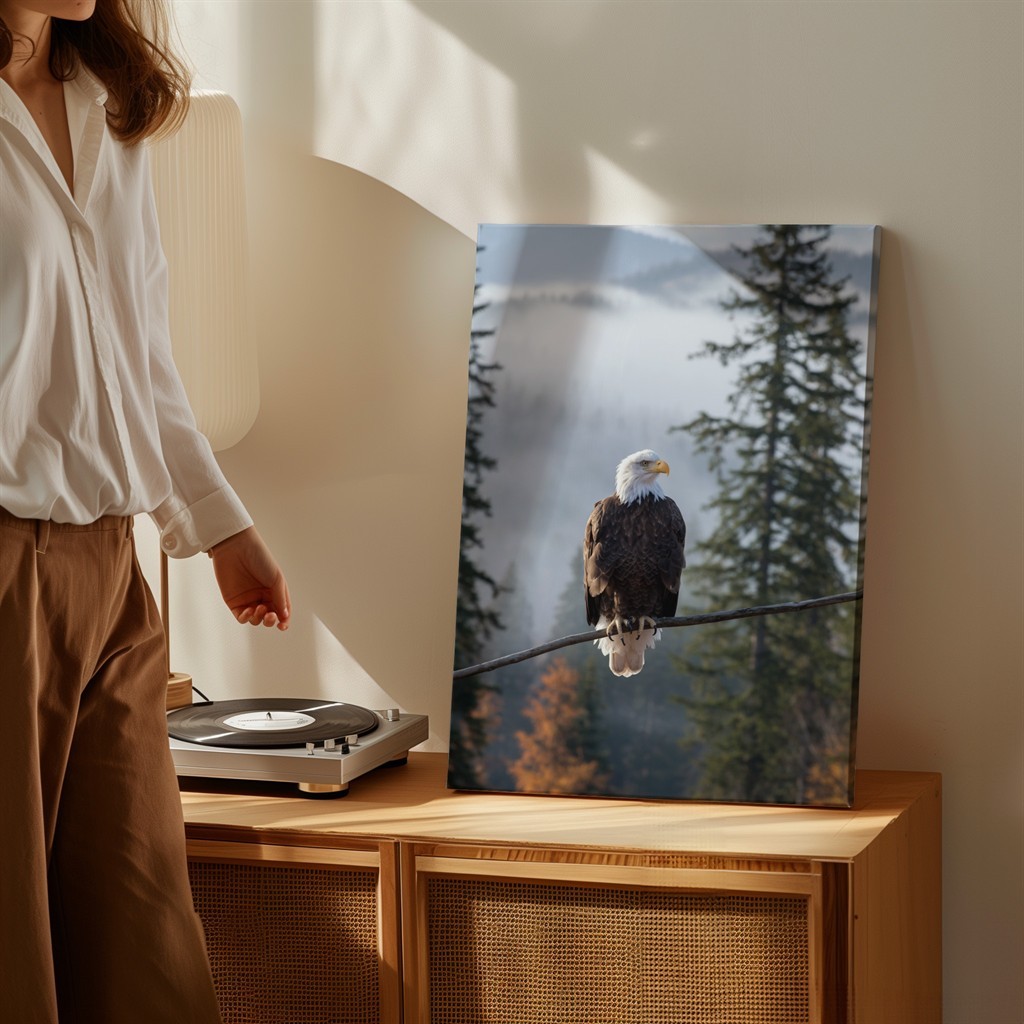 Wall Art Majestic Bald Eagle Perched On A Slender Branch, Overlooking A Misty