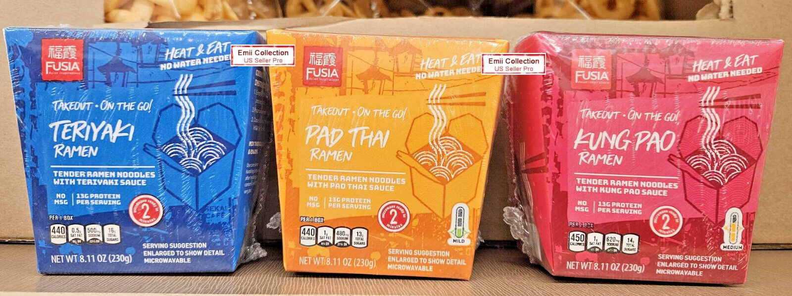 Fusia Heat & Eat Teriyaki Ramen, Pad Thai Ramen, Kung Pao Ramen 8.11oz (3 Boxes)