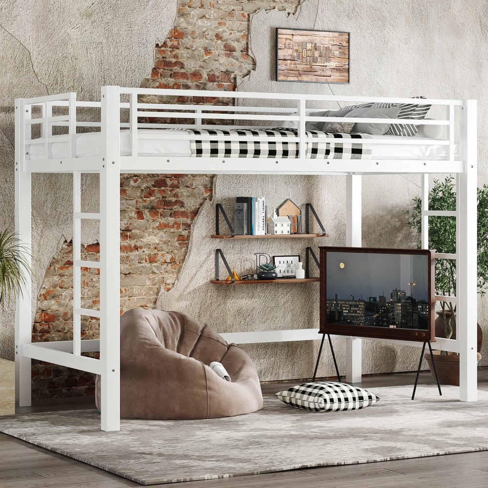 Full Queen Metal Loft Bed Frame with Safety Guardrails & Ladder for Teens Adults