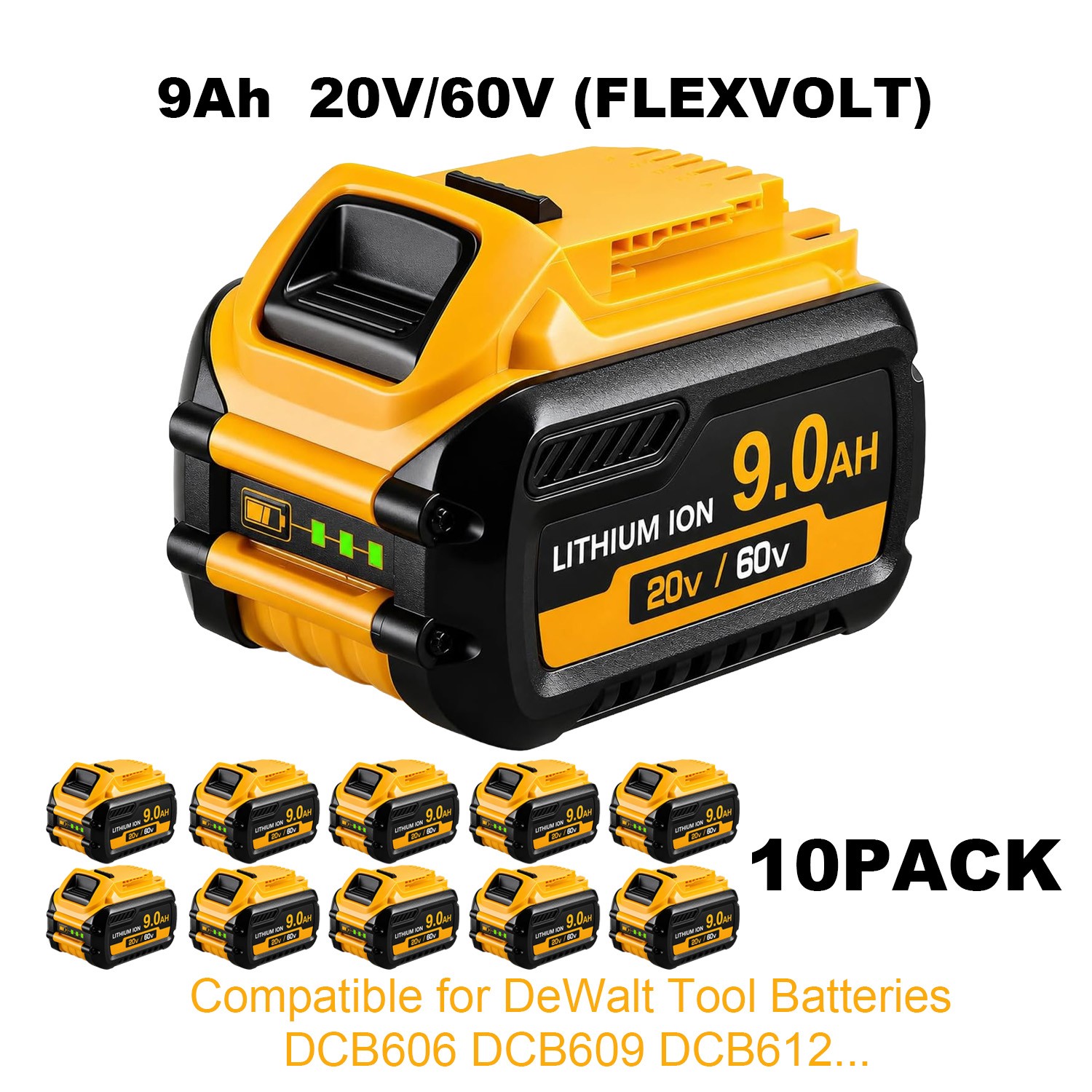 9Ah 10 Pack for DeWalt 20V MAX Tools Battery DCB612 606 609 High Capacity Li-Ion