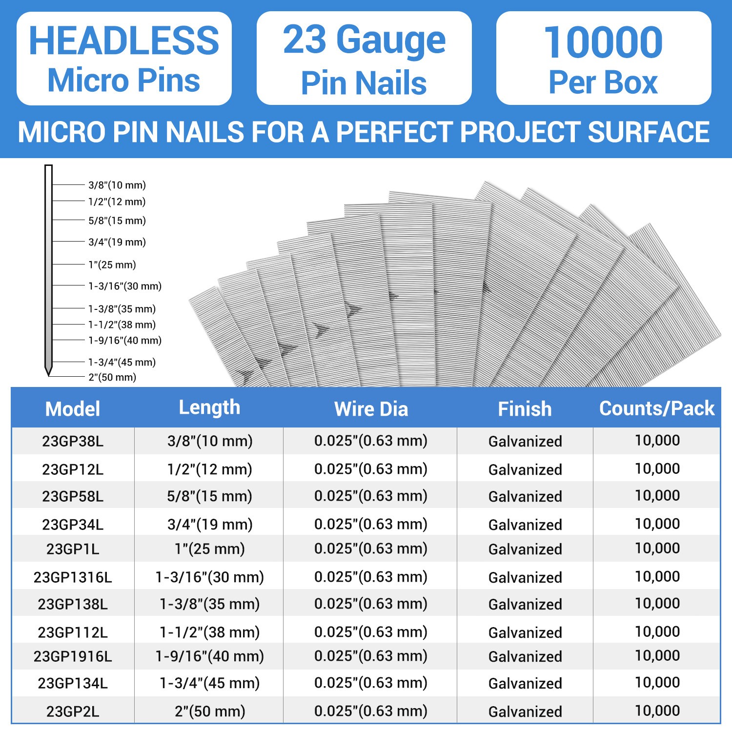 meite 23 Gauge Pin Nails 3/8-Inch Micro Headless Pins 23GA Pins Nail (1 Case)