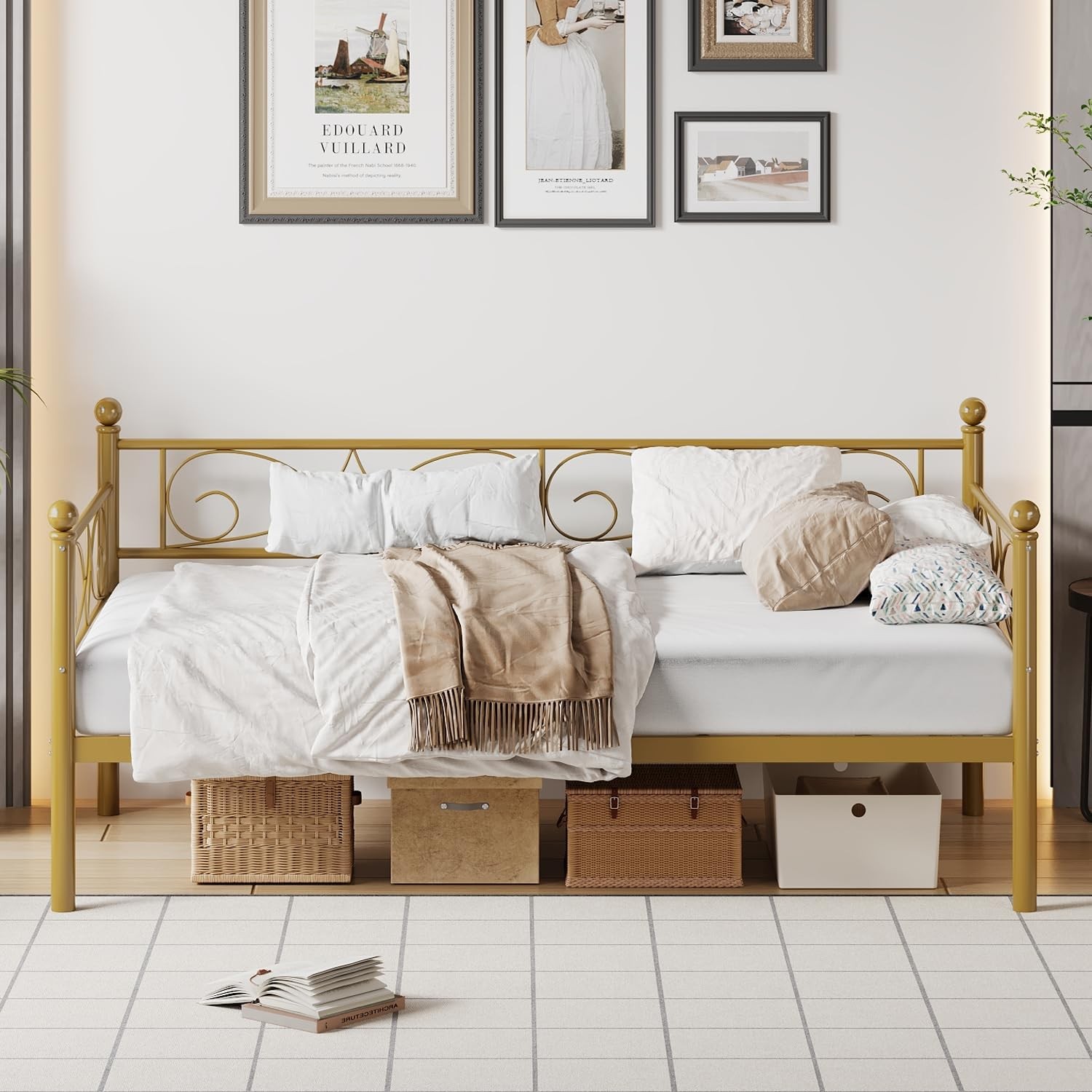 Metal Daybed Frame Twin Size with Headboard Heavy Duty Slats Platform Sofa Bed
