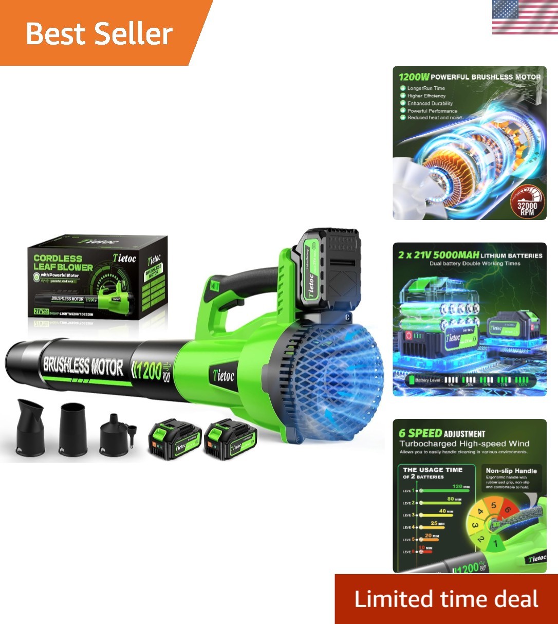 Powerful 1200W Electric Leaf Blower – 2 Batteries, 200 MPH, Compact Design