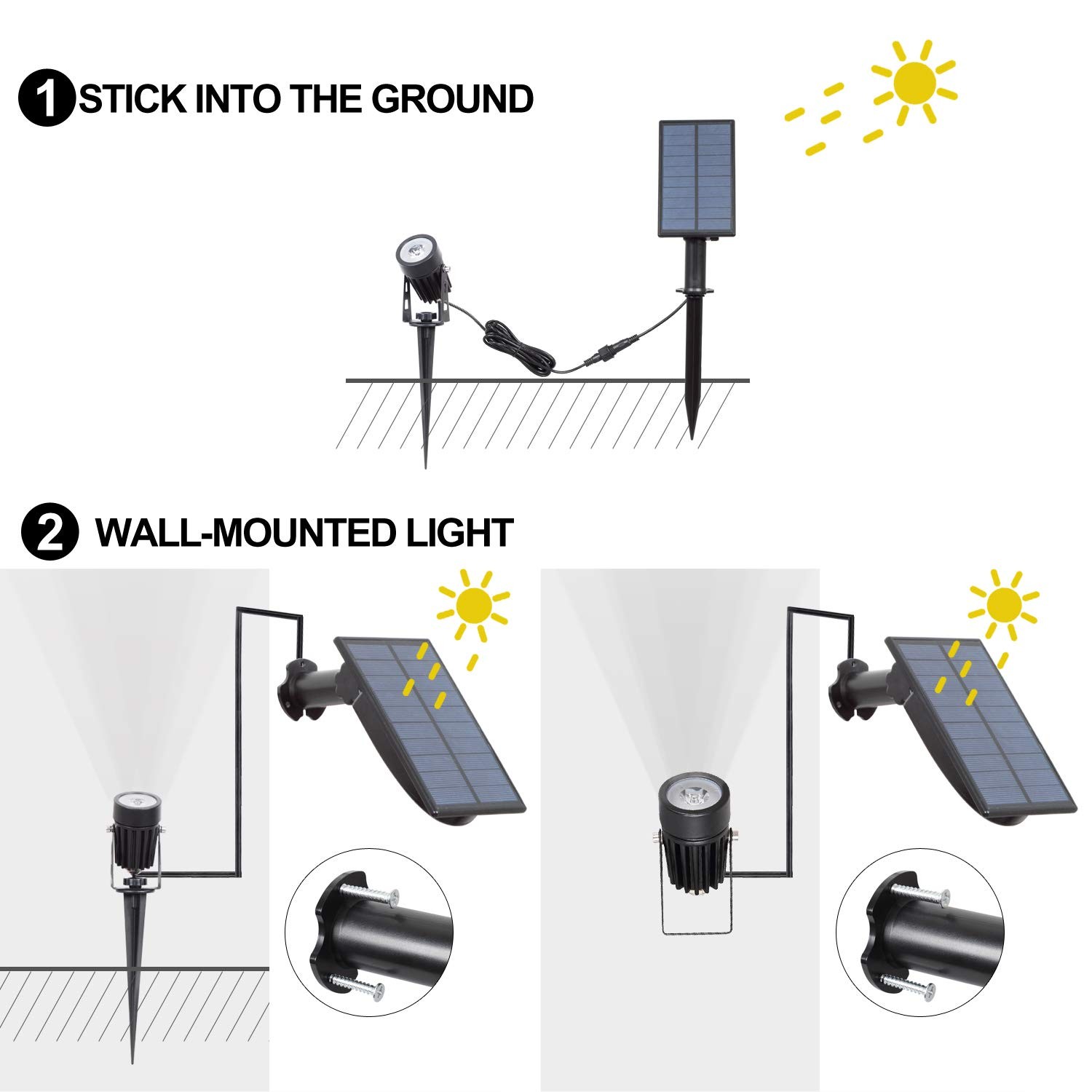 T-SUN Outdoor White Solar LED Spotlights, Waterproof, Auto On/Off for Yard