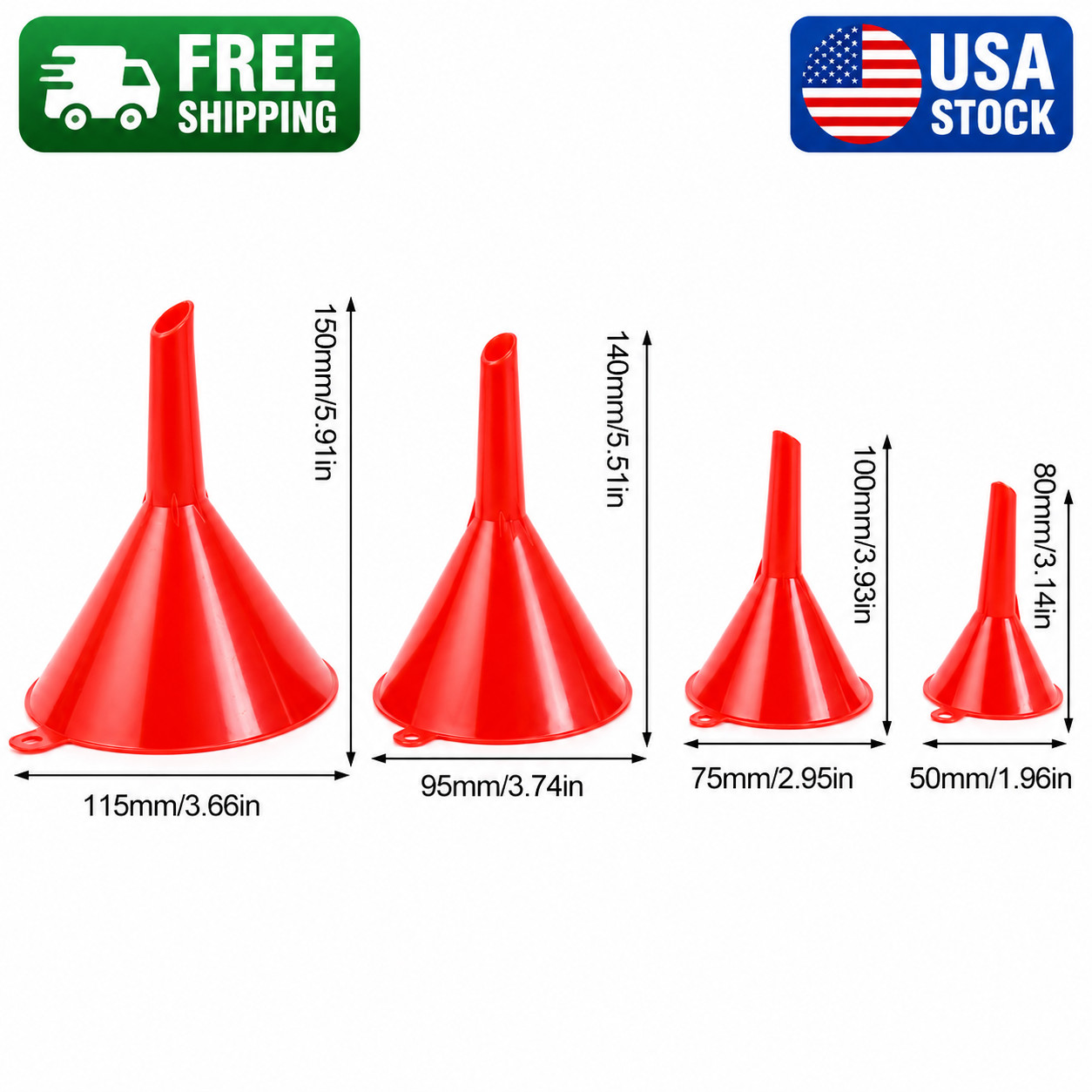 4 Plastic Funnel Set Auto Home Kitchen Garden Engine Oil Water Tool 2″ 3″ 4″ 5″