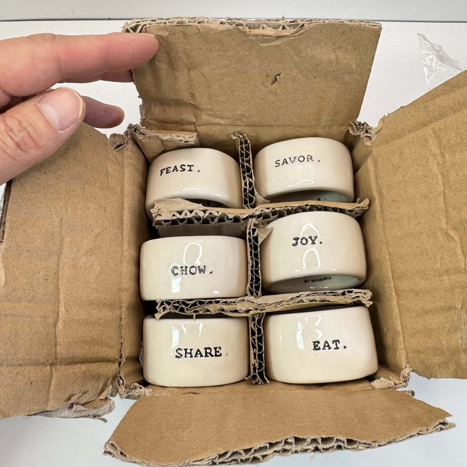 Set of 6 Rae Dunn Napkin Rings Feast Savor Joy Share Eat Chow-Manufacture Defect