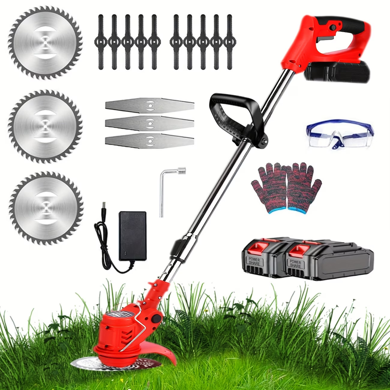 24V Cordless Weed Wacker Brush Cutter String Trimmer with 2 Batteries Blades