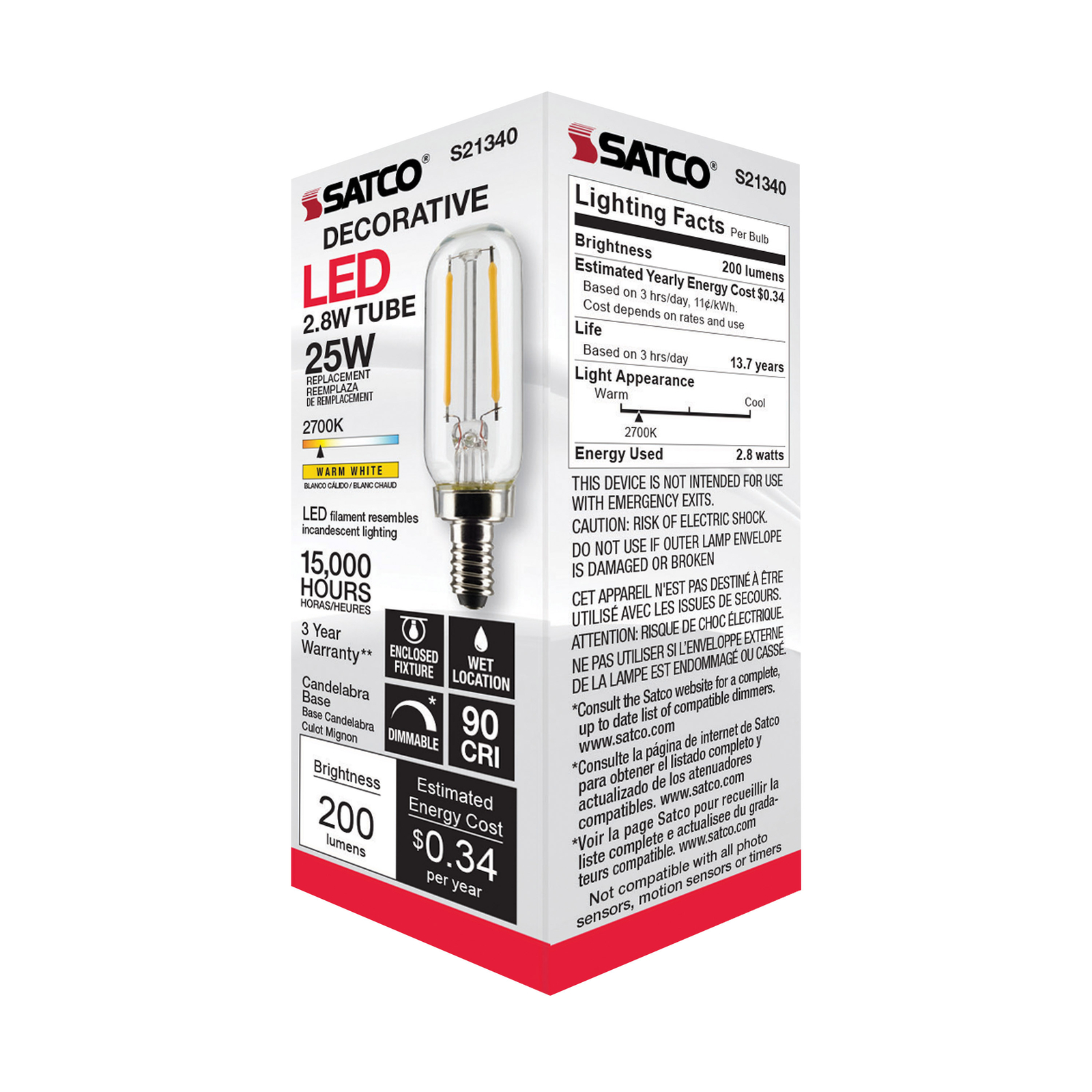 Satco S21340 LED Filament Tube 120V 2.8W =25W T6 Candelabra E12 2700K Warm White