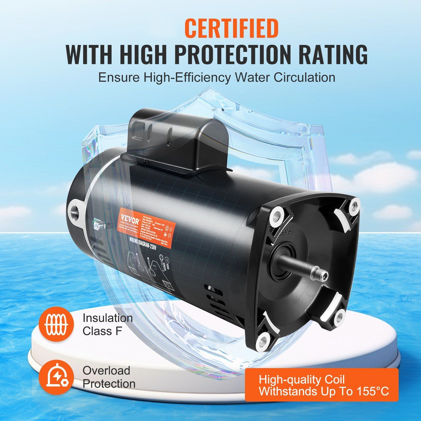 Pool Pump Motor 2HP, 56Y Frame, 230V, 3450RPM, Low-Noise 70dB, Steel Housing