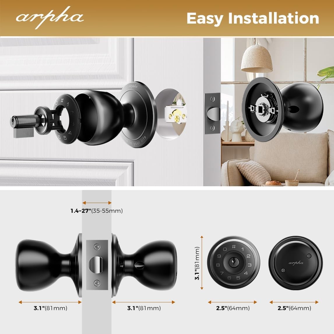 ARPHA Keyless Smart Door Knob Fingerprint Entry Auto Lock Handle D258 Door Lock