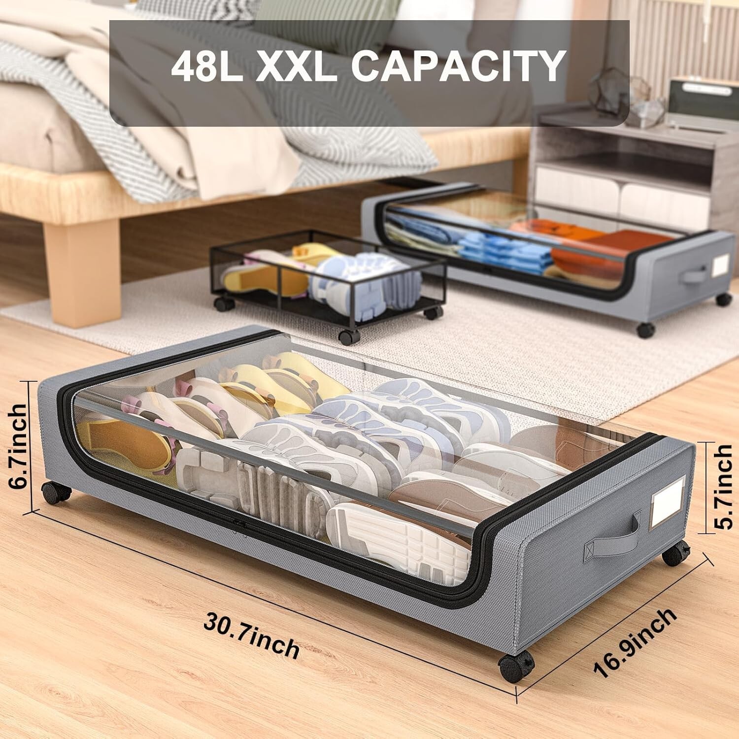 GoMaihe XXL Under Bed Storage | 4-Pack Rolling Bins with Clear Lids for Clothes