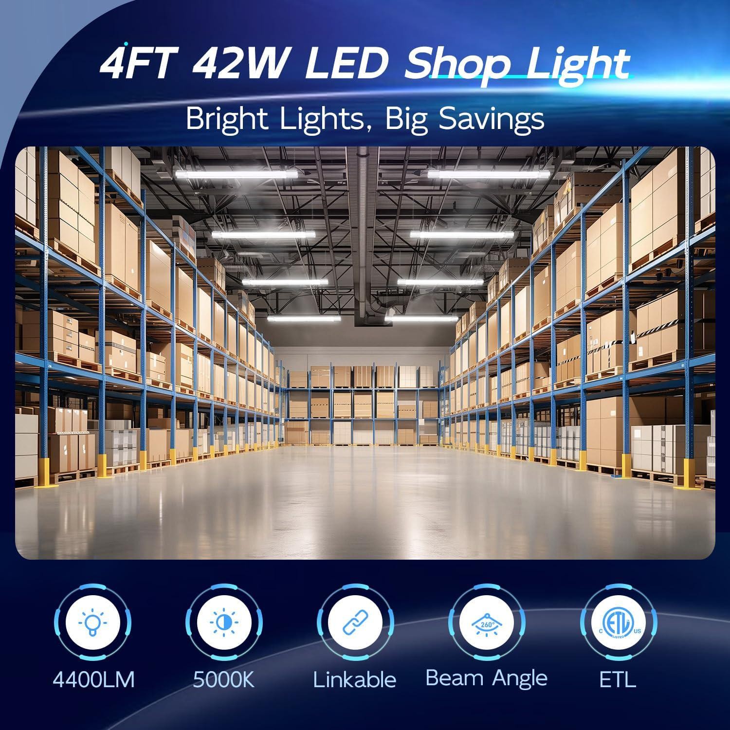 4 Pack 4FT LED Shop Light, Linkable Utility Shop Lights, 42W, 5000K Daylight