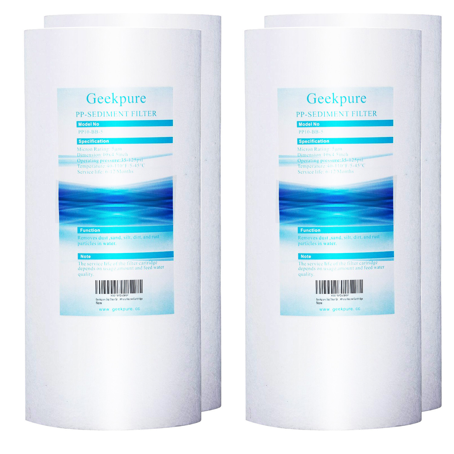 Geekpure 4 Pack PP Sediment Replacement Water Filter 4.5″ x 10″ – 5 Mic