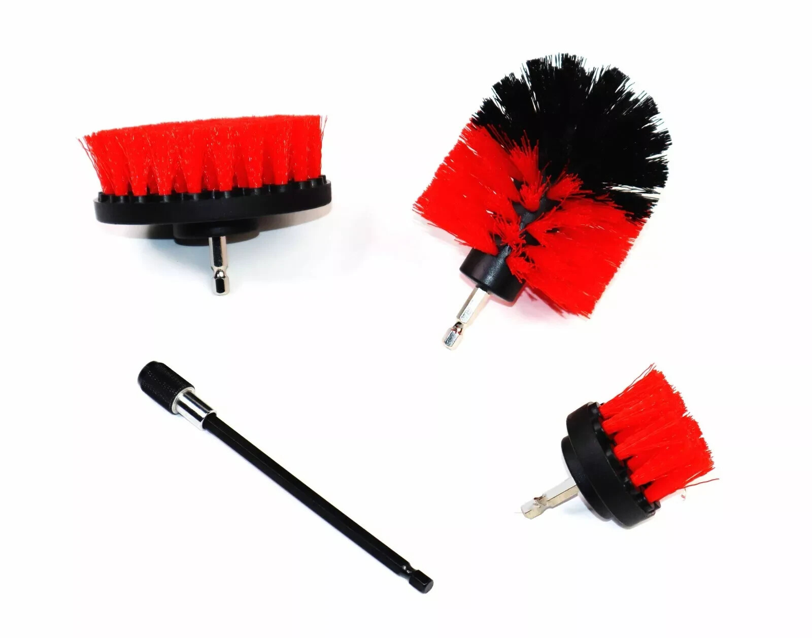 Drill Brush Set 4 Piece (Red) with 6″ Extension – Fast Free Shipping
