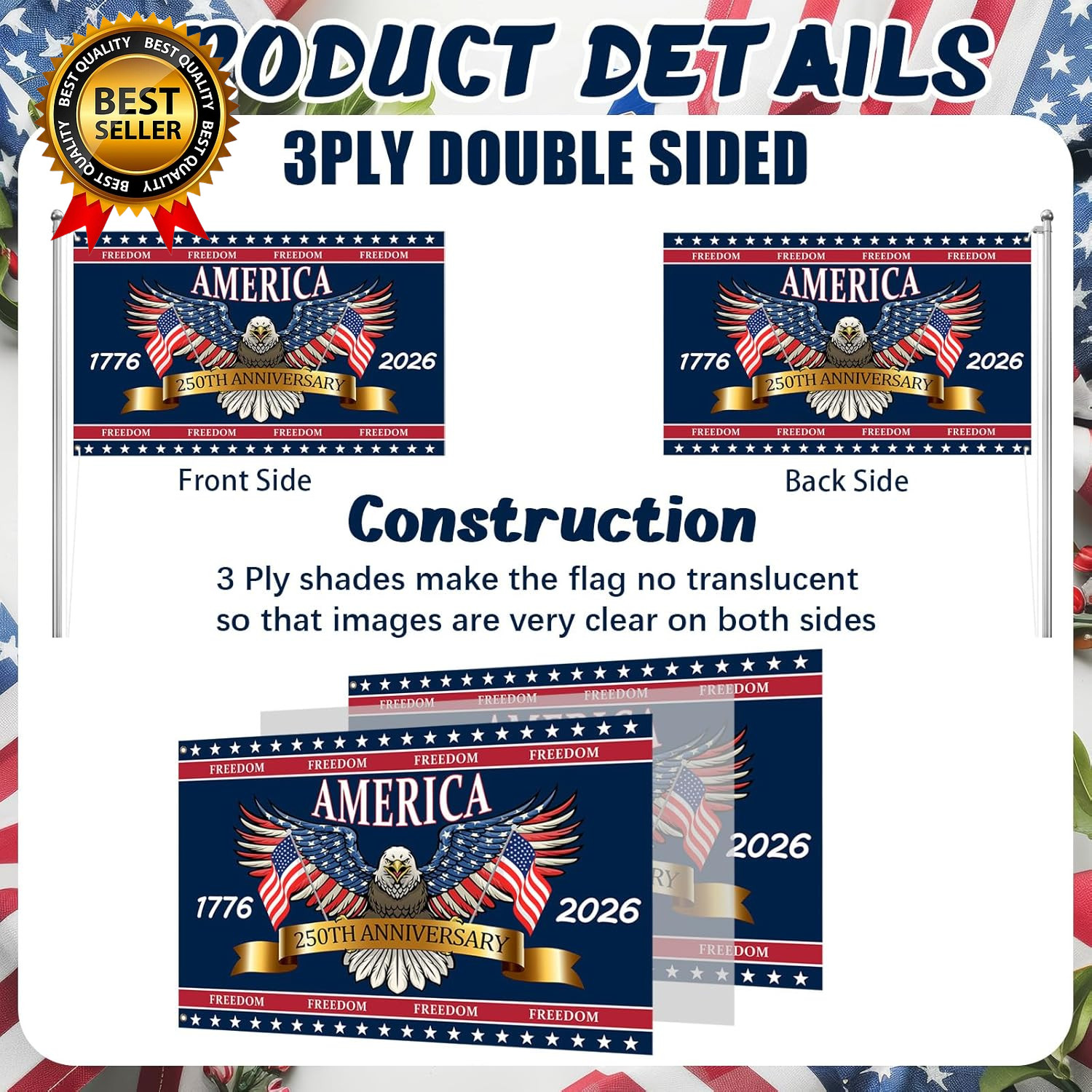 3 Ply 250 Years America Flag – Double Sided Patriotic Eagle 3 X 5 Ft Anniversary
