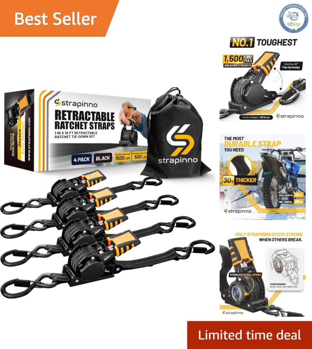 1 in x 10 ft Retractable Ratchet Straps with 1,500LBS Strength for All Vehicles