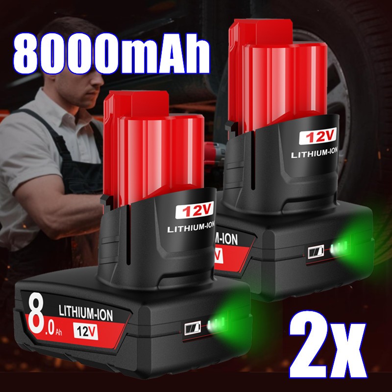 2PCS For Milwaukee For M12 8.0Ah Extended Capacity Battery with LED Indicator