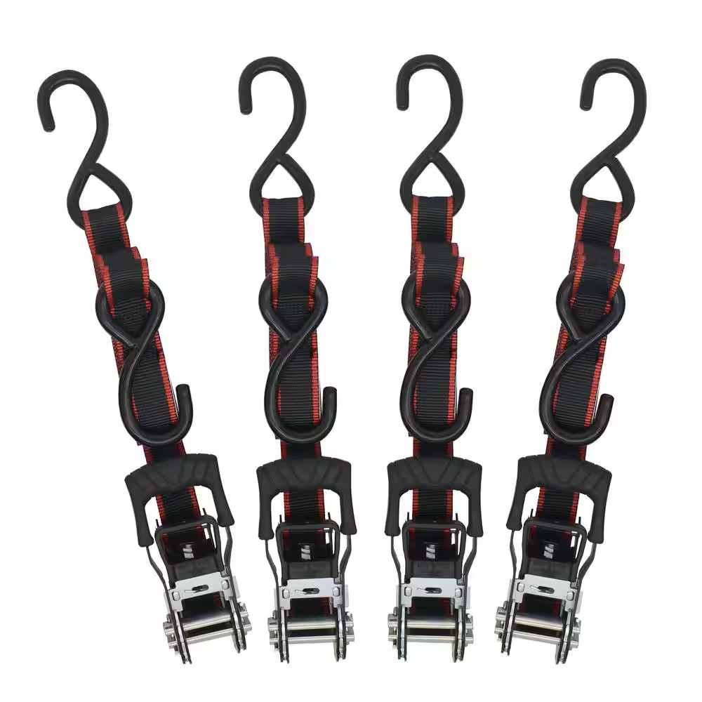 NEW Heavy Duty 1 in. x 12 ft. Ratchet Tie Down Straps with S-Hooks (4-PACK)