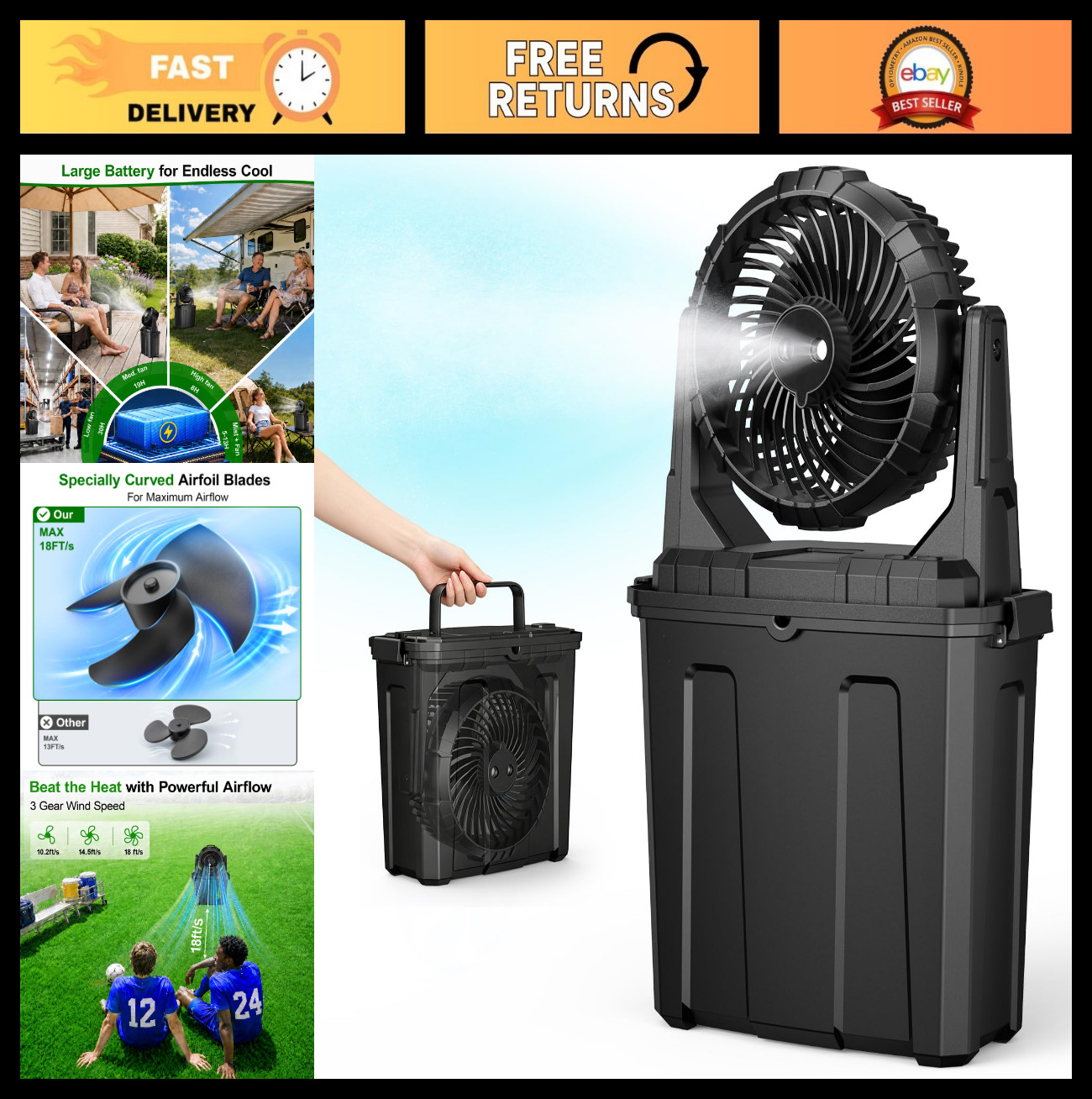 Portable Misting Fan 1.35 Gal – Rechargeable Battery Outdoor Fan for Camping, Be