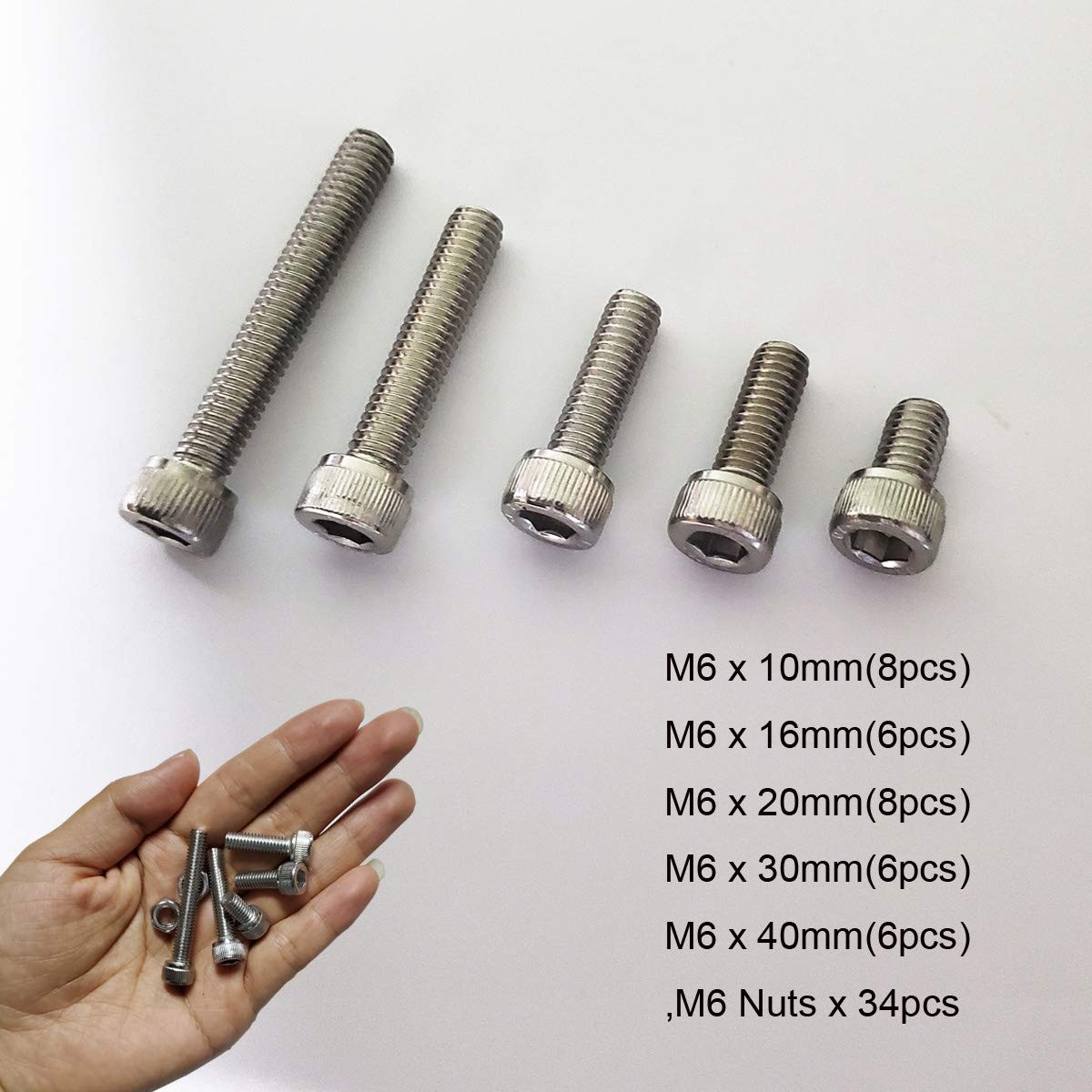 M6 Hex Socket Head Cap Bolts Nuts Screws Assortment Kit, Silver