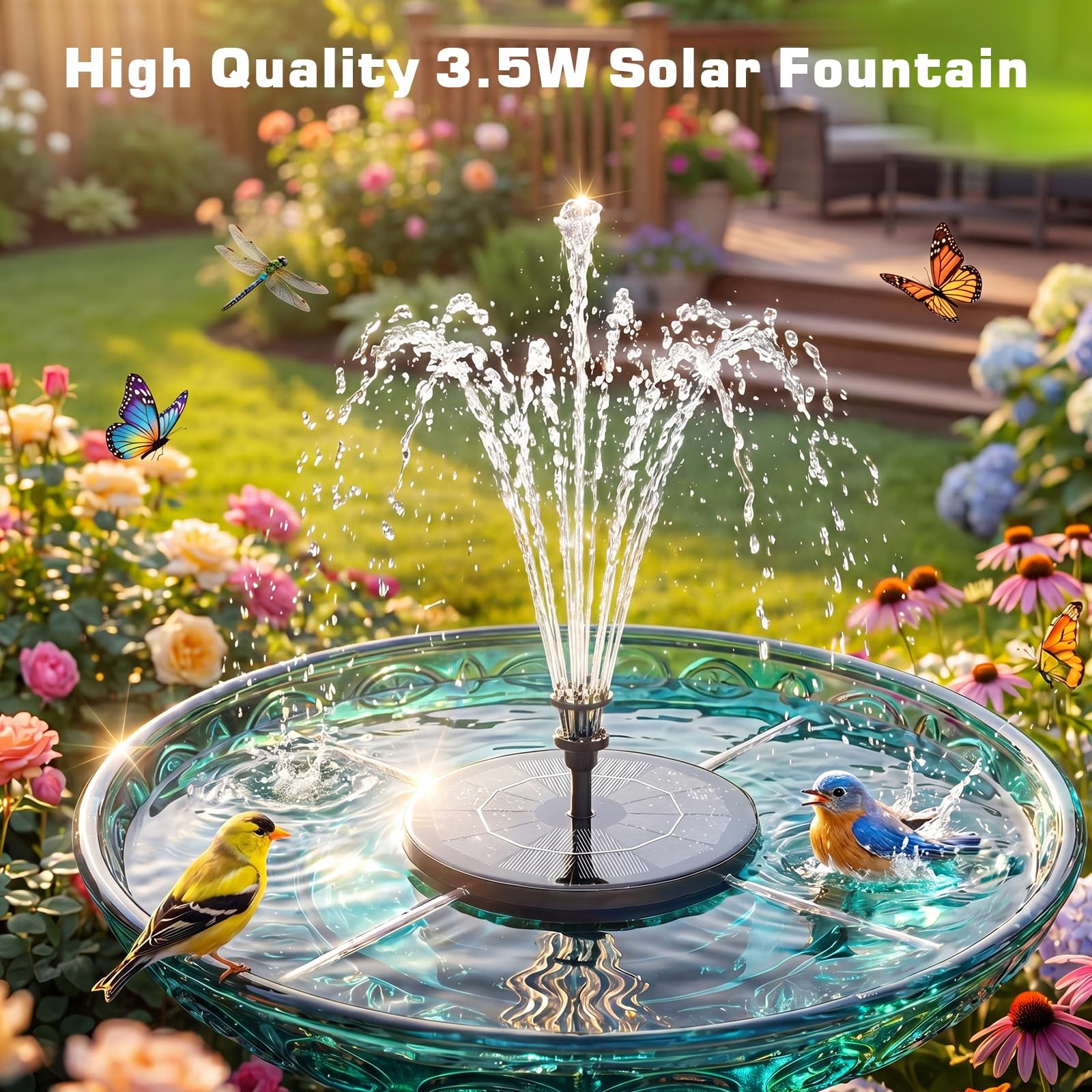 3.5W Solar Fountain Pump Built-in 1500mAh Battery, Bird Bath Fountain with 6