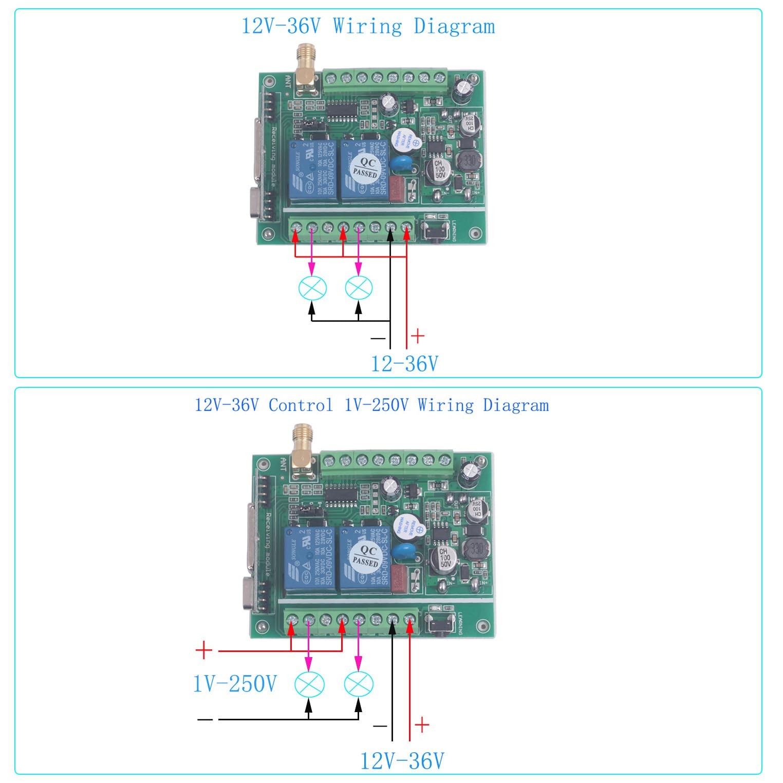 12V 24V 36V 2CH Universal Garage Door Remote Switch 433Mhz 2X Control 433MHz