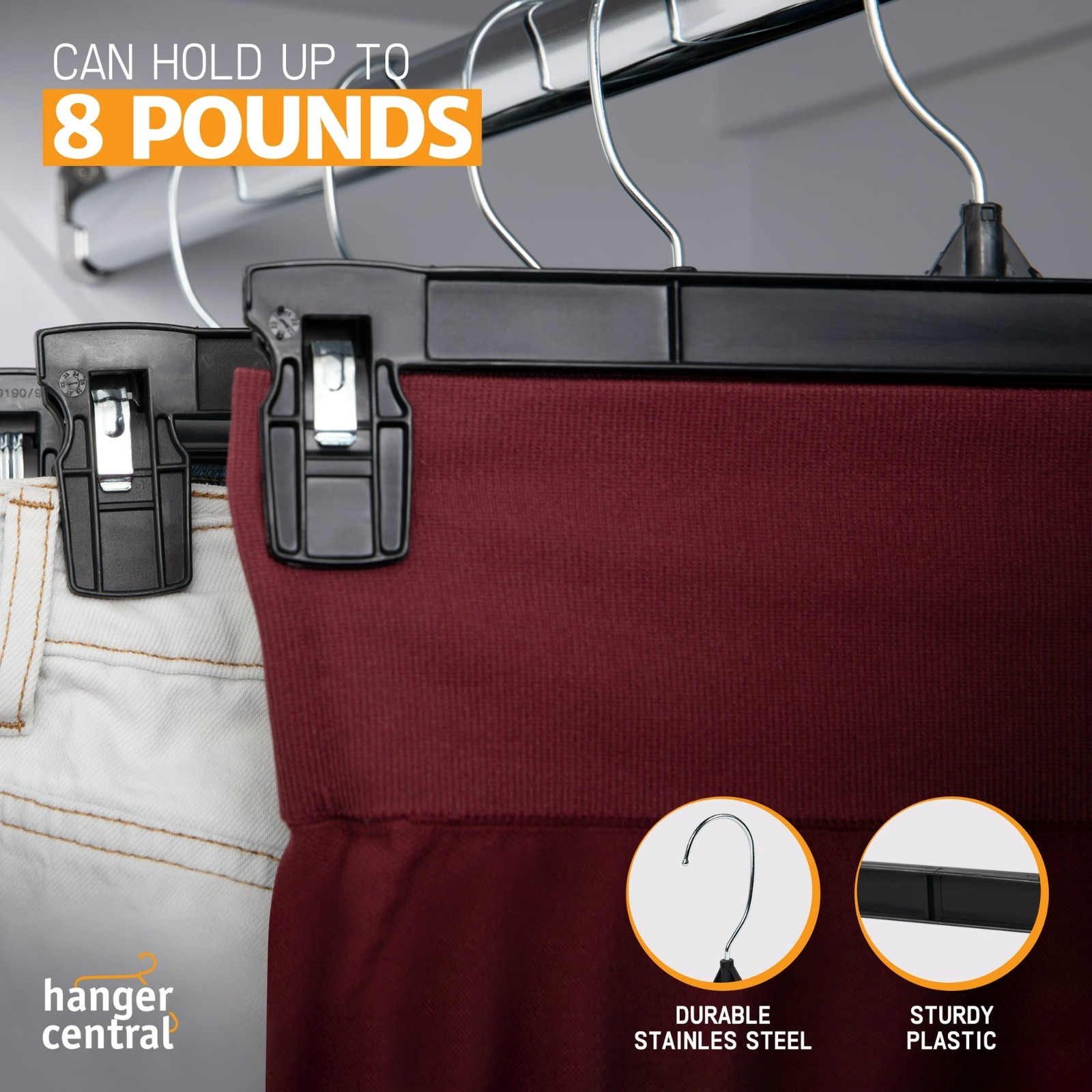 Hanger Central 25 Pack Black Plastic Pants Hangers with Extra Long Clips 12 inch