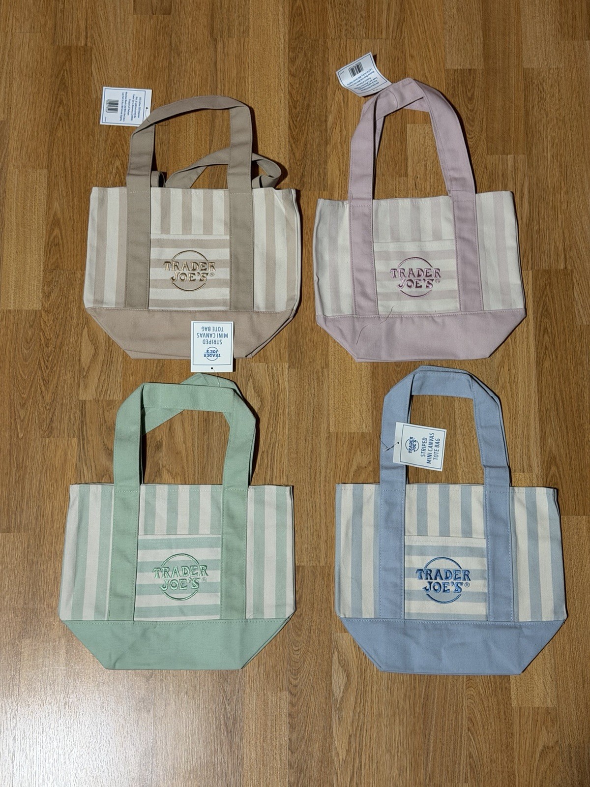 NEW Trader Joe’s Striped Canvas Mini-Tote Bags set of 4-LIMITED EDITION IN HAND