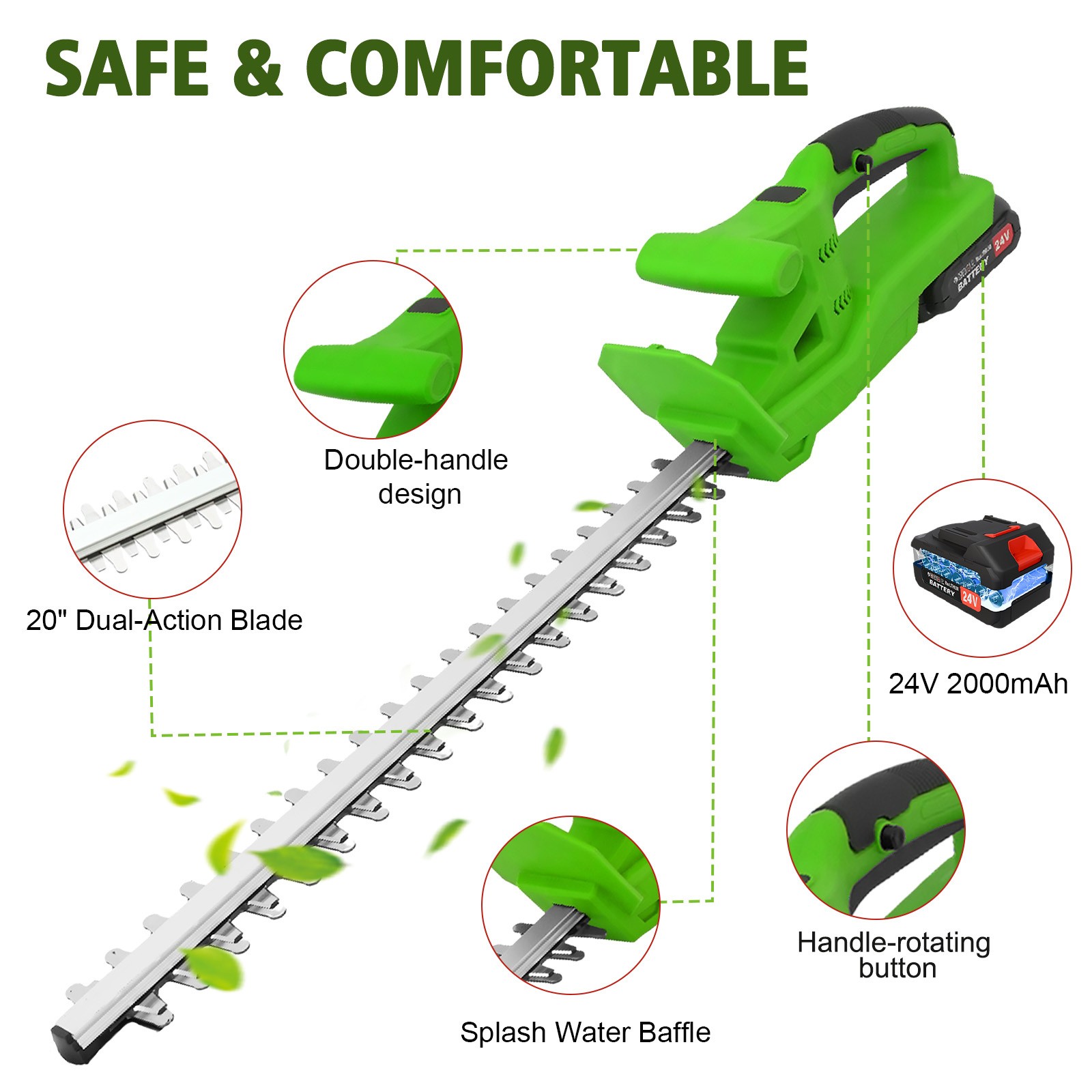 20” Electric Hedge Trimmer Cordless Power Hedge Trimmer with 2Batteries&Charger