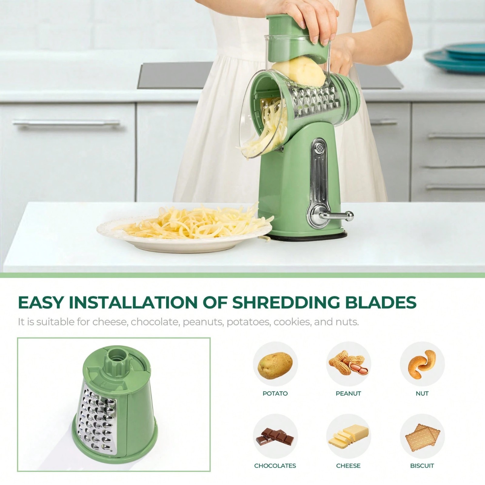 SUSTEAS Rotary Cheese Grater with 5 Blades & Storage Box Sleek Vegetable Shredde