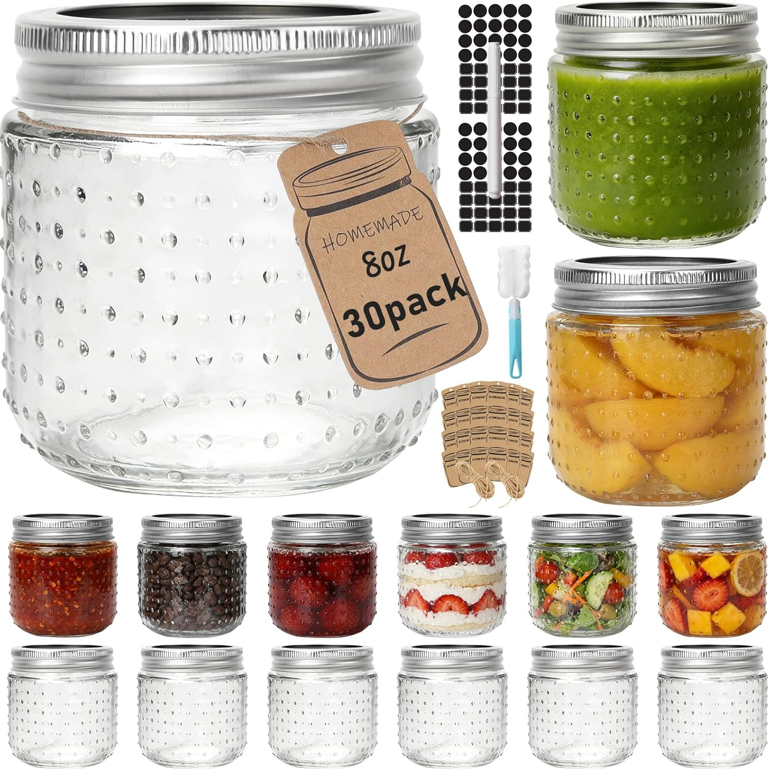 Cyclemore 8Oz Mason Jars, 30 Pack Dual Dot Jar with Silver Separable Lids