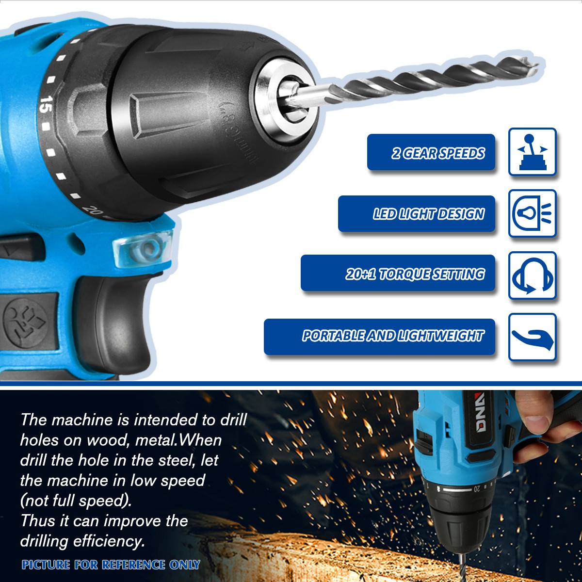 DNA Motoring 12V Electric Drill Cordless Electric Screwdriver Drill+Keyless Blue