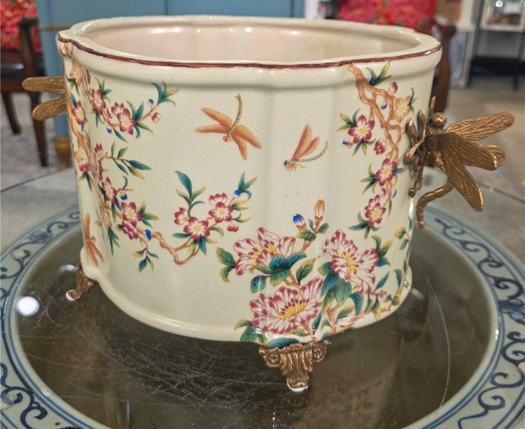 Porcelain Oval Planter with Ormolu Dragonfly Handles-Floral Vine-14” x 8”H