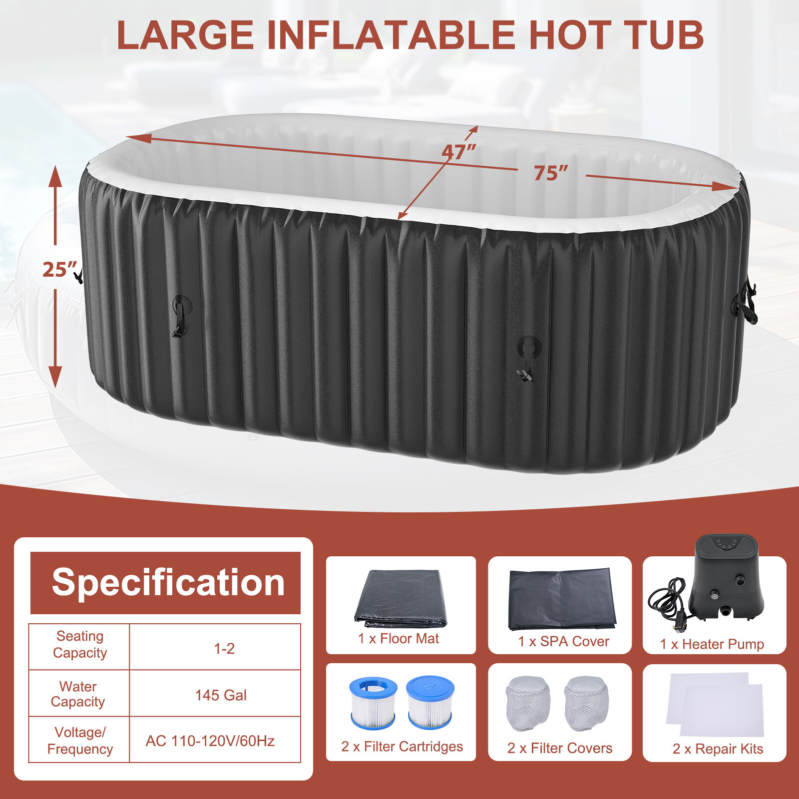 Docred 2 Person Portable Inflatable Hot Tub Spa w 100 Air Jet for Patio Backyard