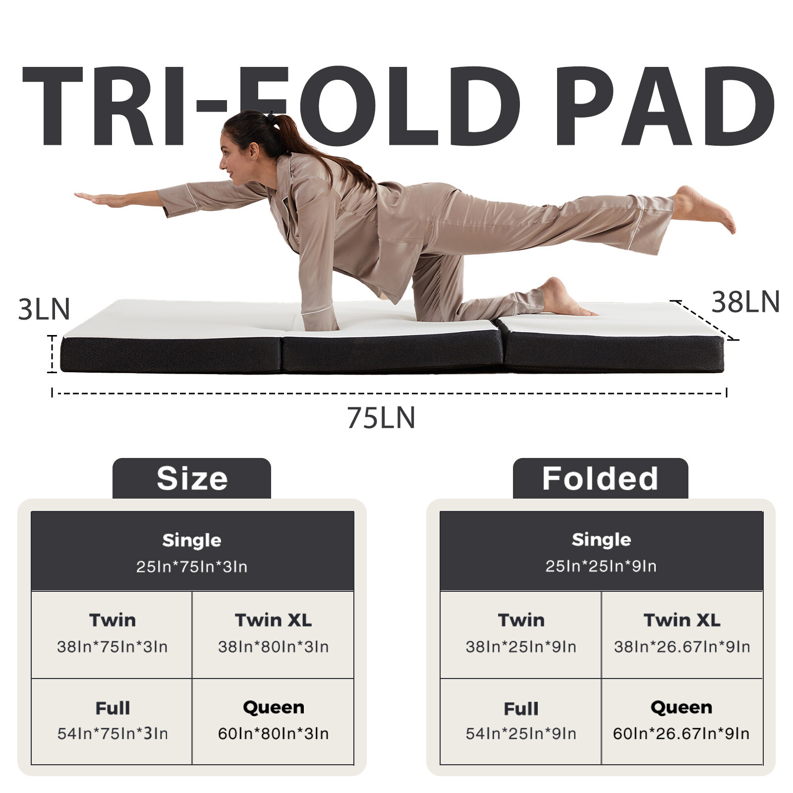 3 inch Folding Mattress Tri-Fold Memory Foam Mattress Topper with Washable Cover