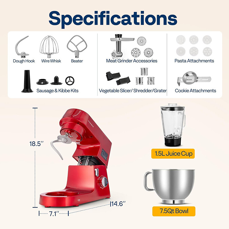 Stand Mixer 6Speed 7.5Qt 9-in-1 w/ Fermentation Timer Meat Grinder Juicer Slicer