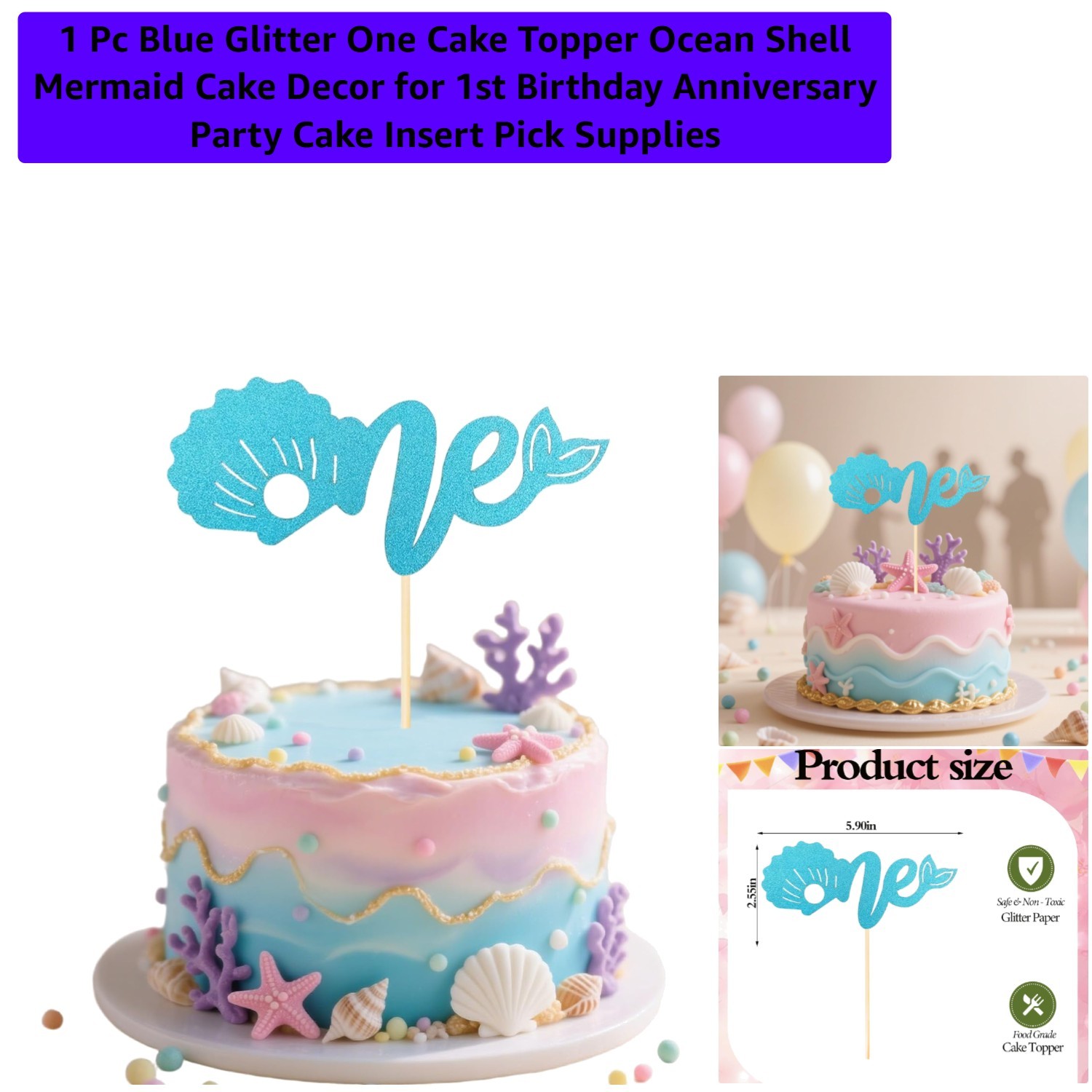 1 Pc Blue Glitter One Cake Topper Ocean Shell Mermaid Cake Decor for 1st Birt…