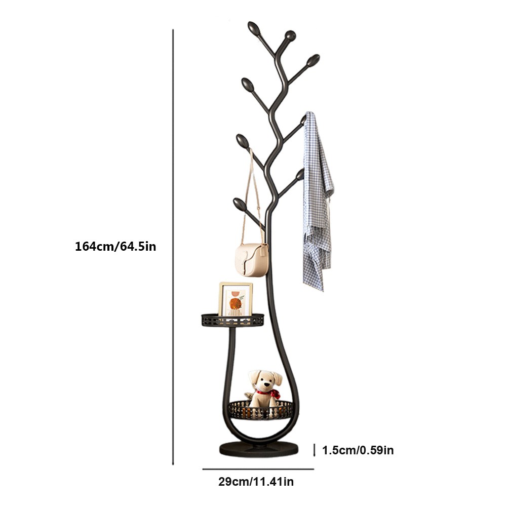 Metal Coat Rack with 8 Hooks – Carbon Steel Coat Tree Stand with Storage Shelf