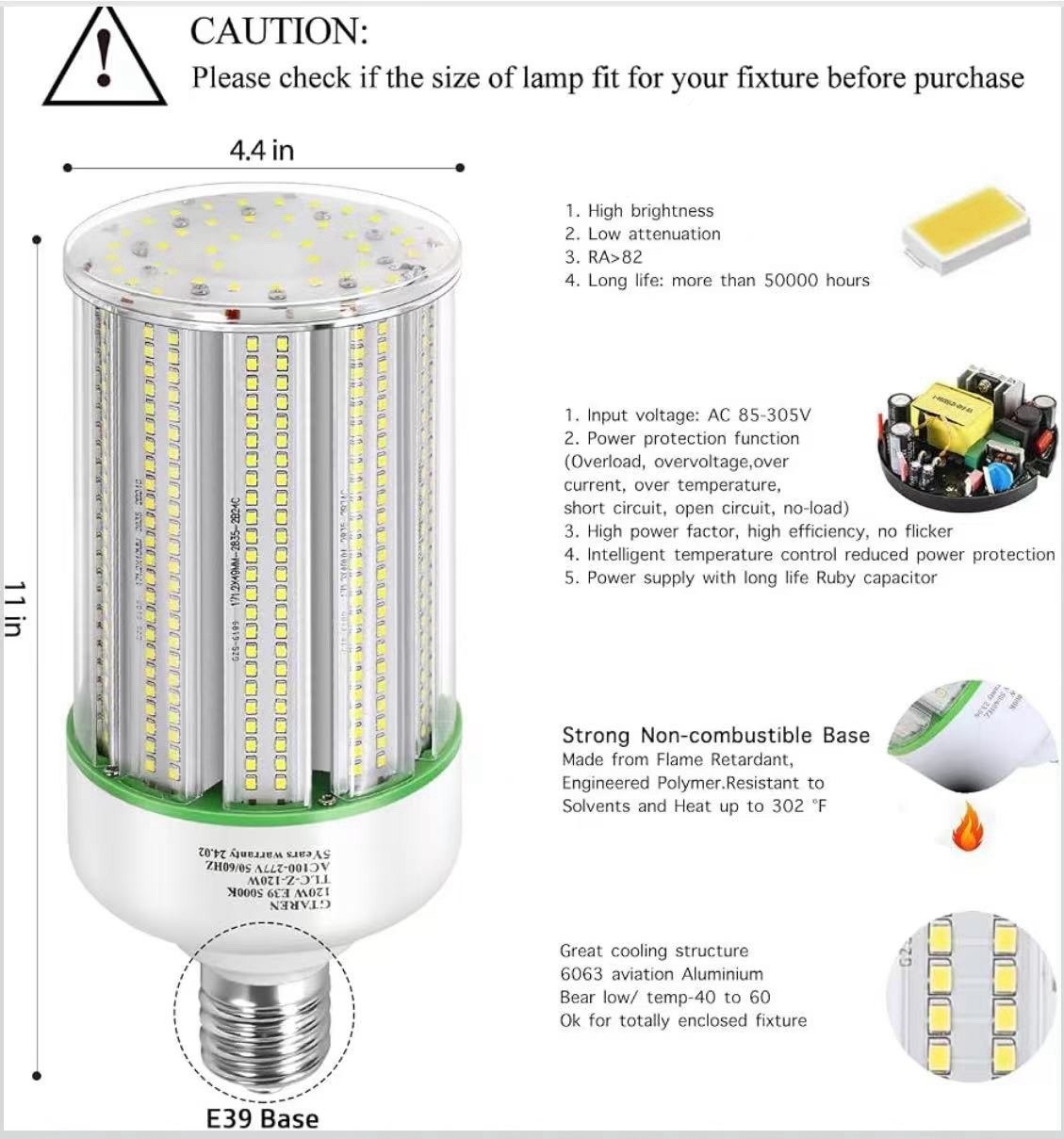 2 pack 5000K Daylight,E39 Mogul Base,120W LED Corn Light Bulb Warehouse High Lam