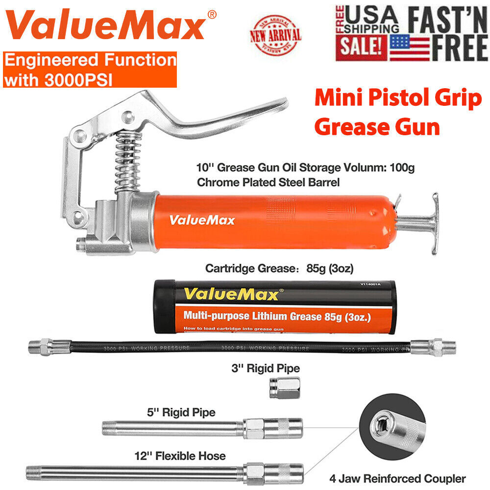 Mini Grease Gun Kit 3500 PSI 3OZ Grease 12″ Flexible Hose 5″& 3″ Extension Tubes