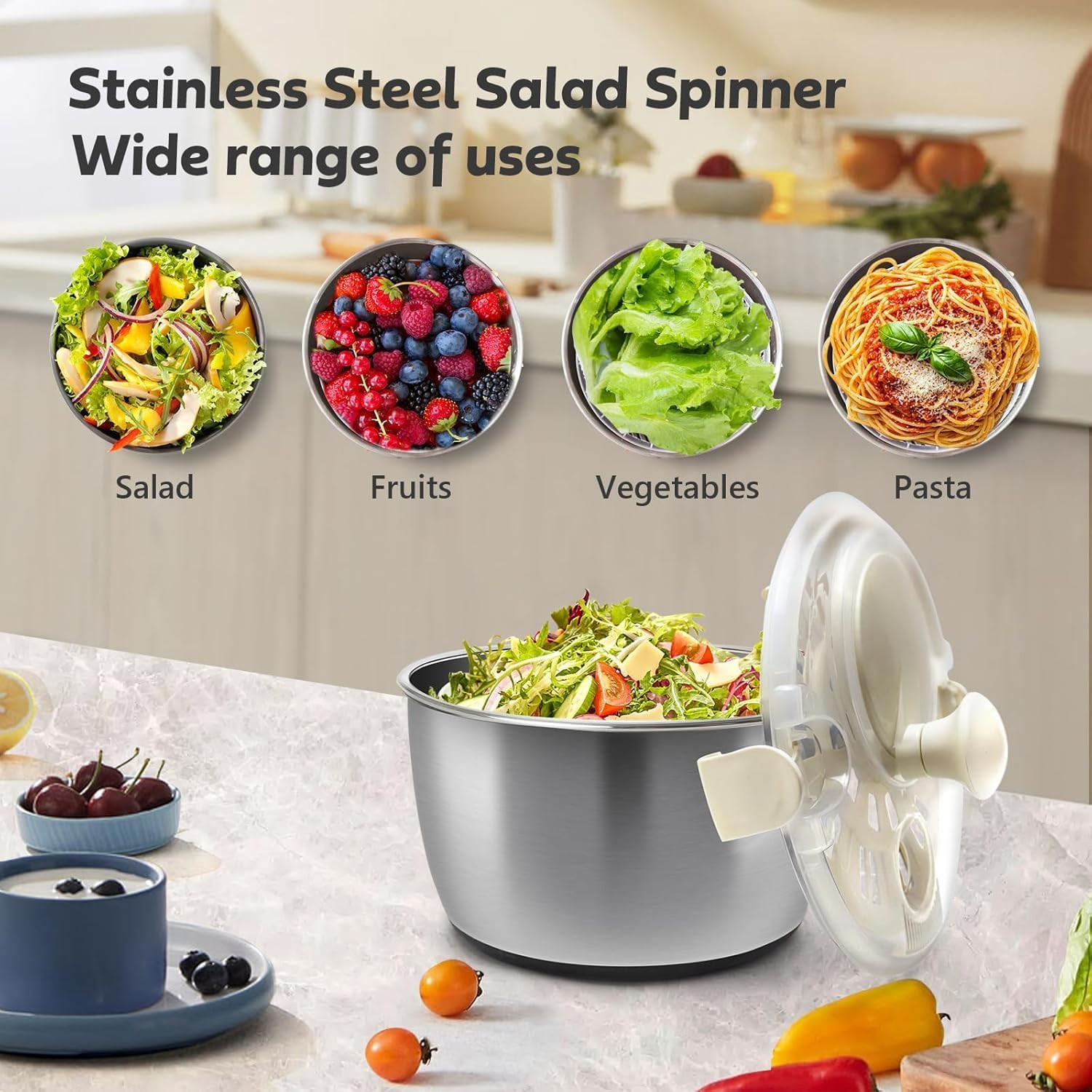 Large 5.3QT Salad Spinner – Quick Spin & Drain, Multi-Use Colander