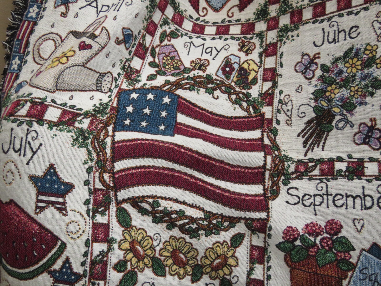 Tapestry Throw Afghan Blanket AMERICANA 12 Months Calendar Seasons VINTAGE