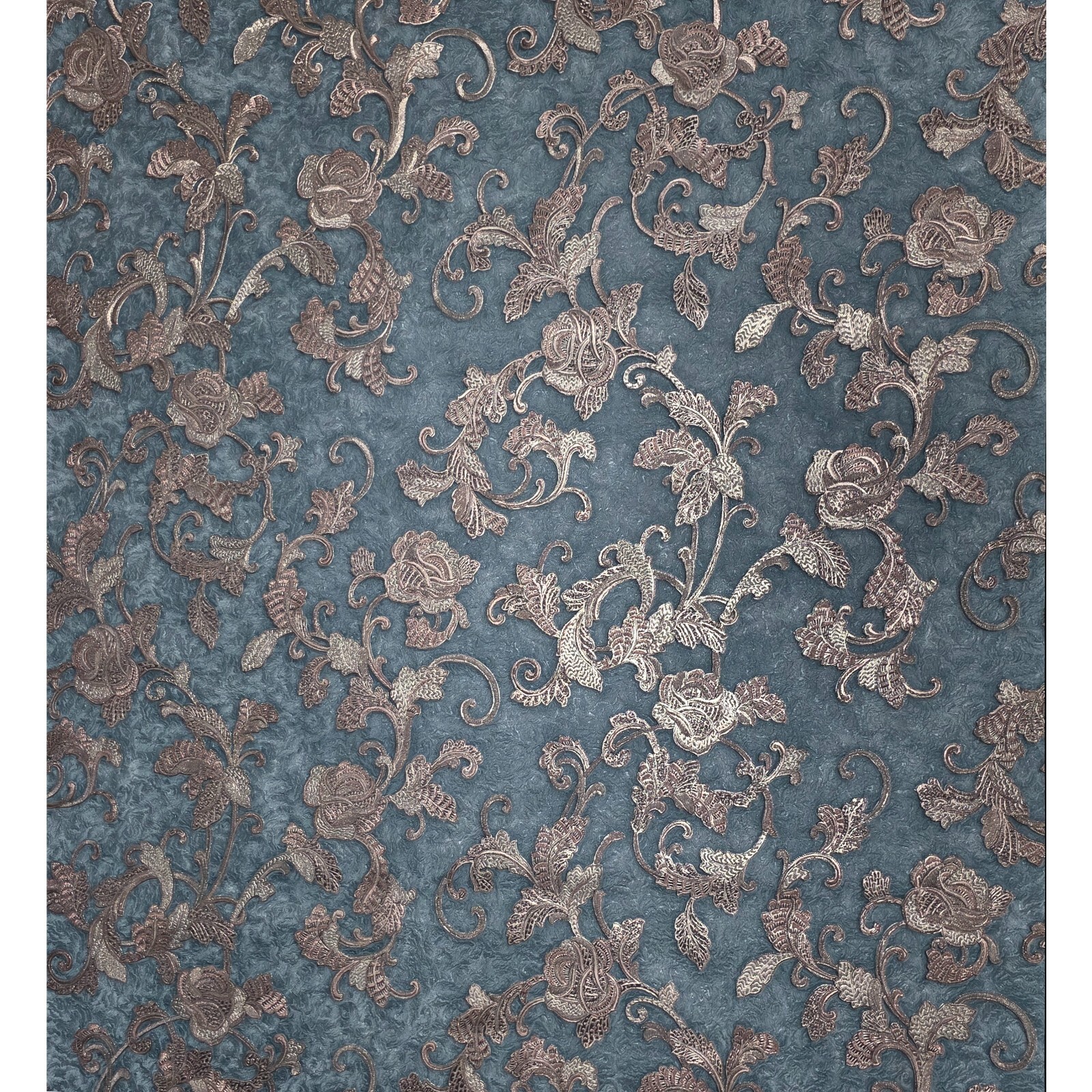 Dark Teal green blue bronze metallic plaster textured floral damask Wallpaper 3D