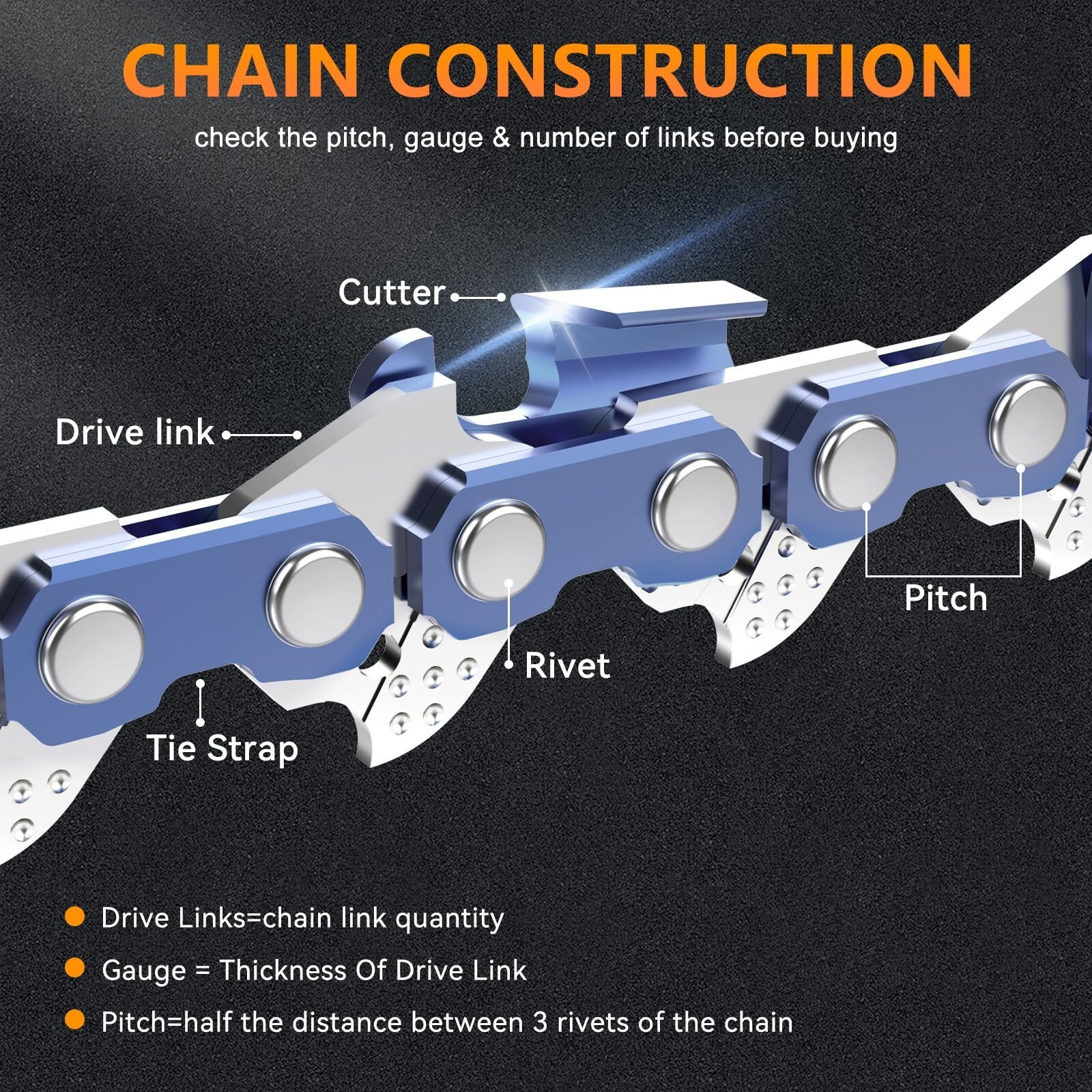 3 Pack 12″ Chainsaw Chains 3/8″ Pitch .043″ Gauge 45DL Replacement Chain Saw